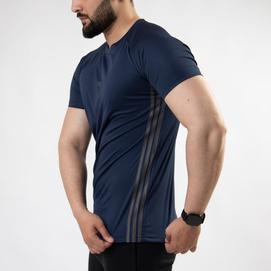 Navy Quick Dry Tee with Forward Three Gray Stripes