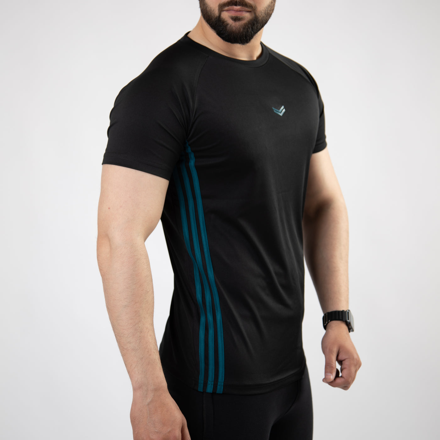 Black Quick Dry Tee with Forward Three Teal Stripes