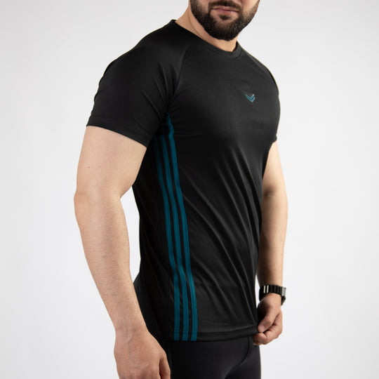 Black Quick Dry Tee with Forward Three Teal Stripes