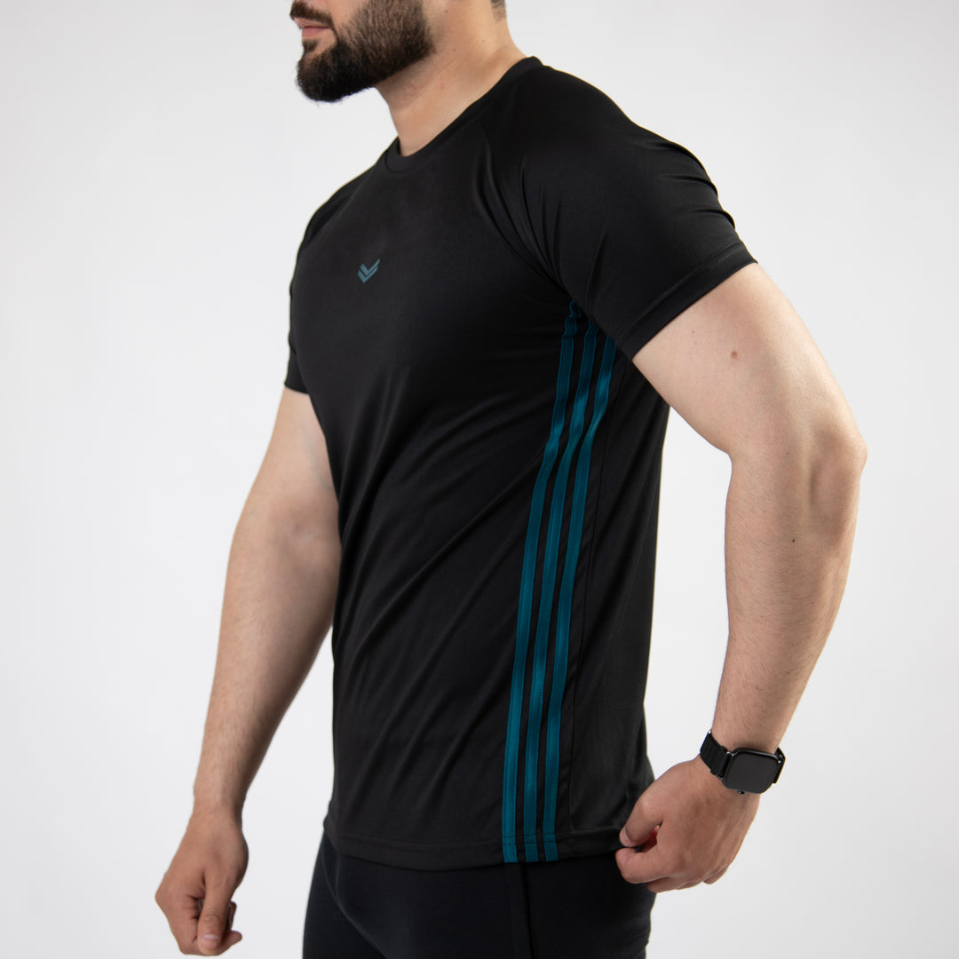 Black Quick Dry Tee with Forward Three Teal Stripes