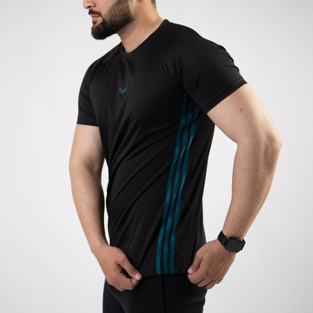 Black Quick Dry Tee with Forward Three Teal Stripes