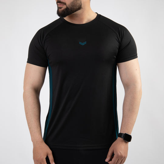 Black Quick Dry Tee with Forward Three Teal Stripes