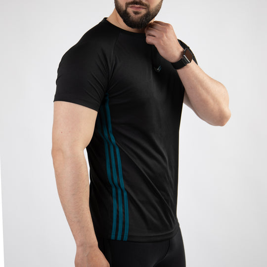 Black Quick Dry Tee with Forward Three Teal Stripes