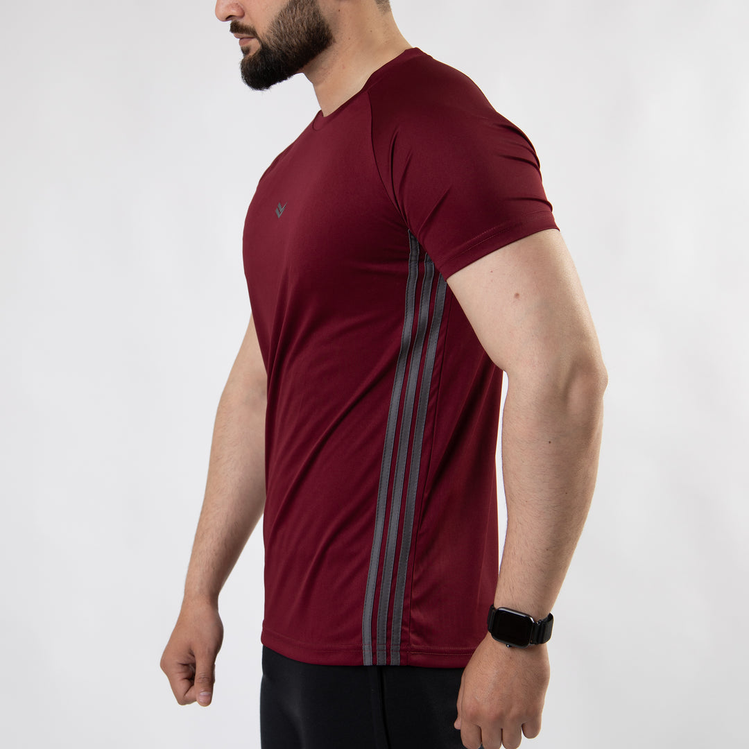 Maroon Quick Dry T-Shirt with Forward Three Gray Stripes