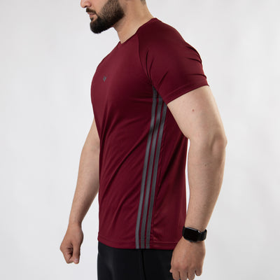 Maroon Quick Dry Tee with Forward Three Gray Stripes