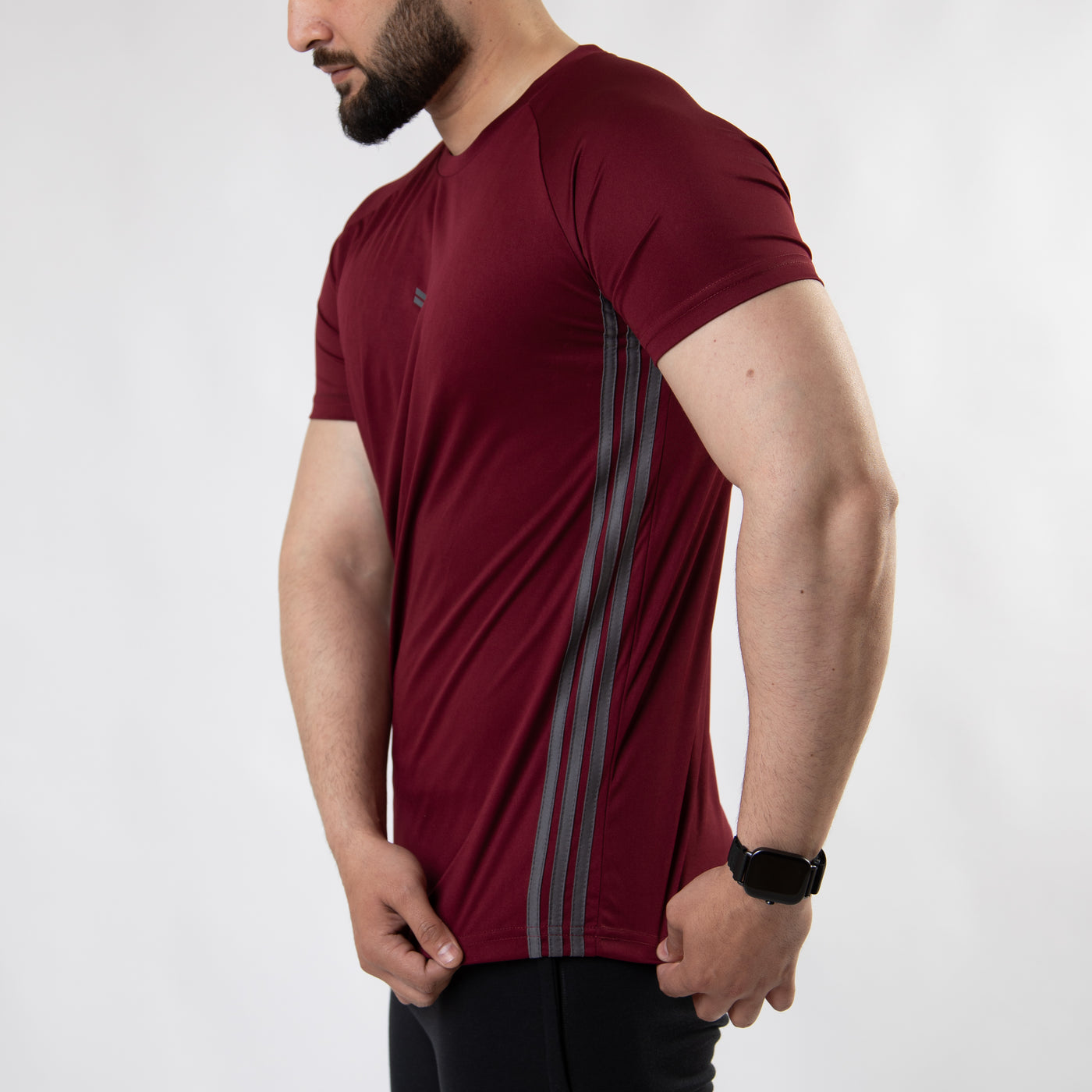 Maroon Quick Dry Tee with Forward Three Gray Stripes