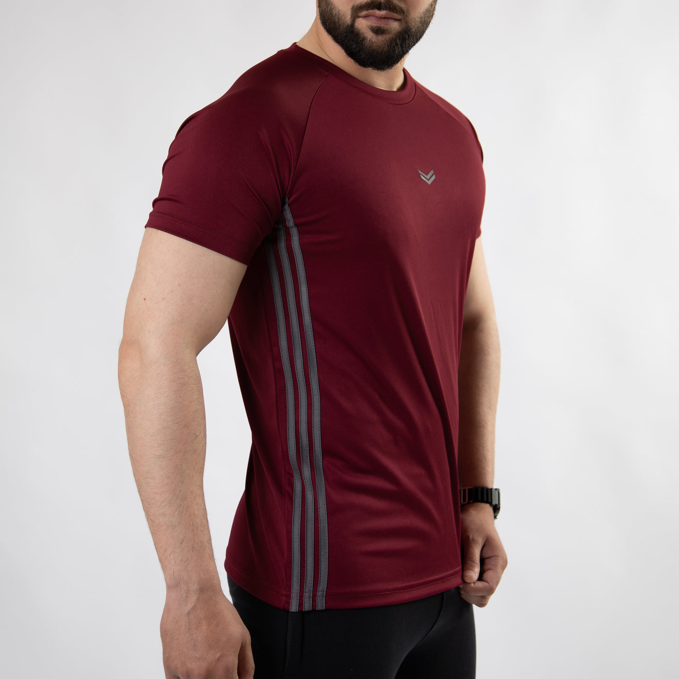 Maroon Quick Dry Tee with Forward Three Gray Stripes