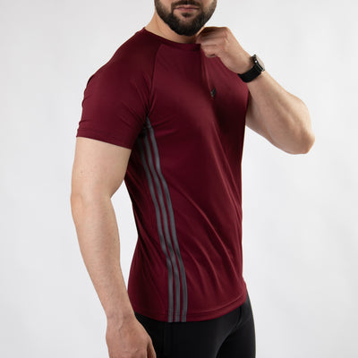 Maroon Quick Dry Tee with Forward Three Gray Stripes