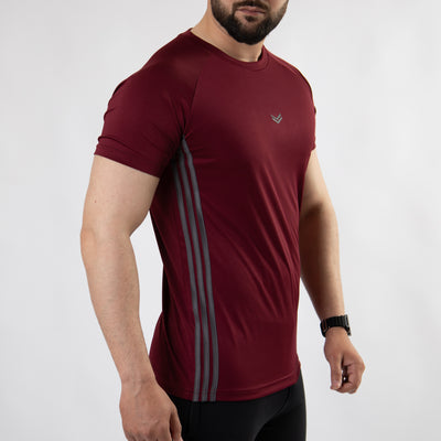 Maroon Quick Dry Tee with Forward Three Gray Stripes