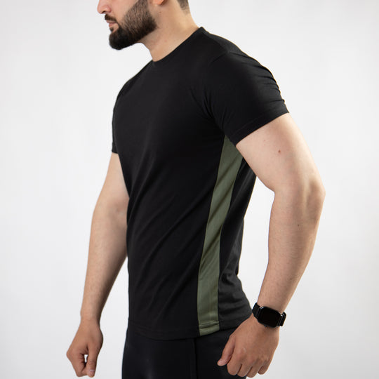 Black Hybrid T-Shirt with Olive Mesh Panel