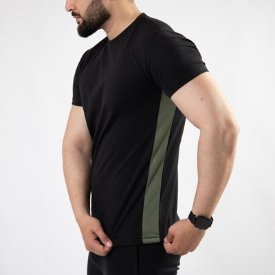 Black Hybrid T-Shirt with Olive Mesh Panel