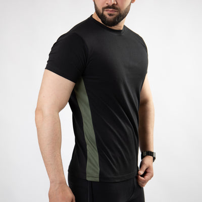 Black Hybrid T-Shirt with Olive Mesh Panel