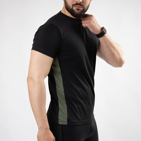 Black Hybrid T-Shirt with Olive Mesh Panel