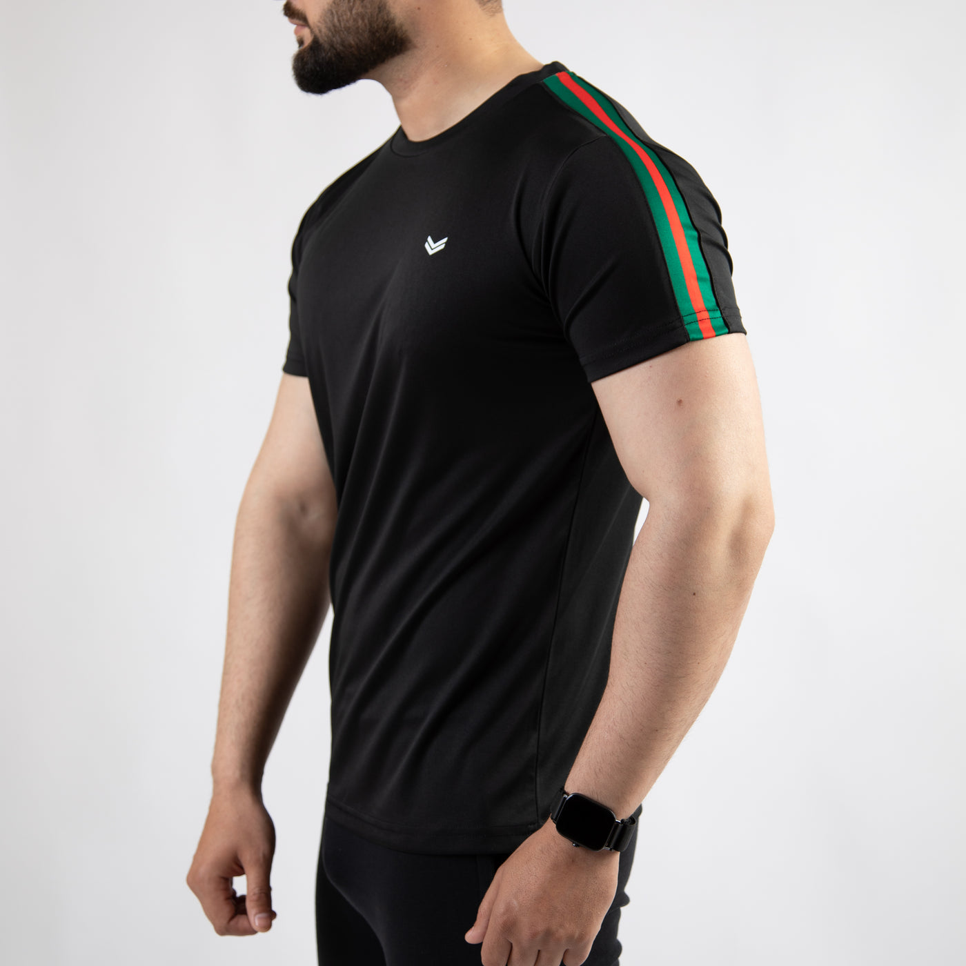 Black Quick Dry T-Shirt with Green & Red Panels on Sleeves