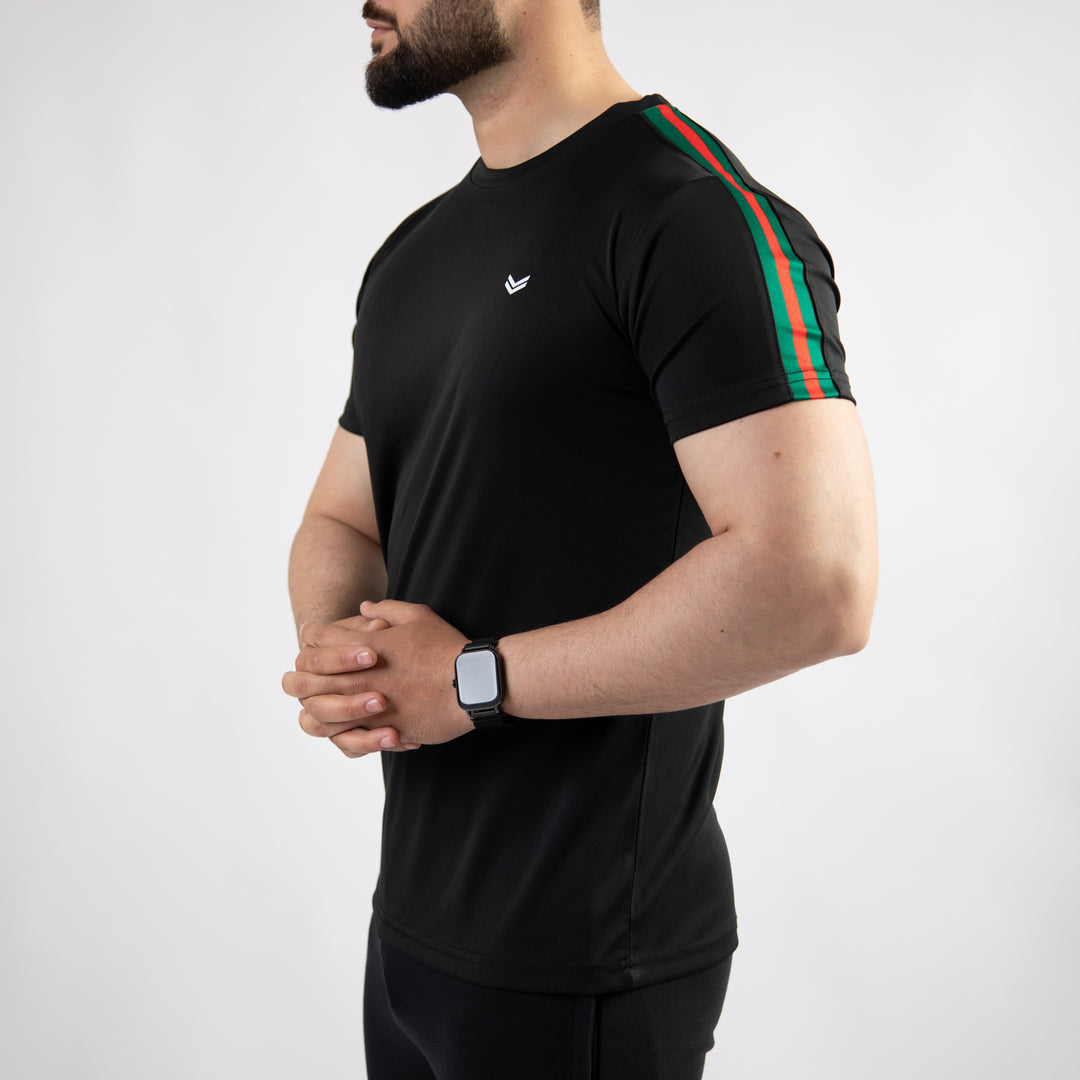 Black Quick Dry T-Shirt with Green & Red Panels on Sleeves