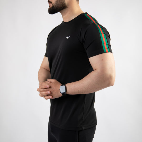 Black Quick Dry T-Shirt with Green & Red Panels on Sleeves