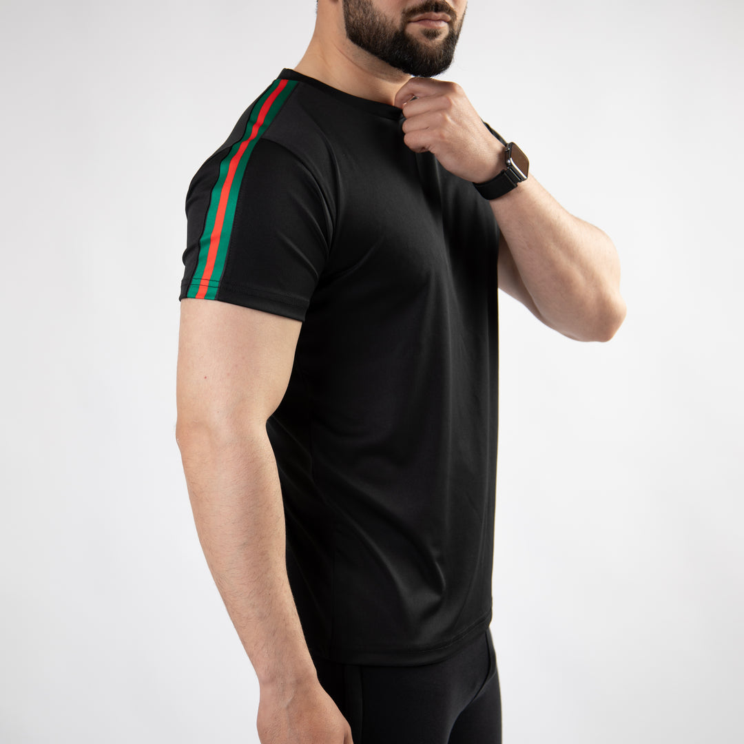 Black Quick Dry T-Shirt with Green & Red Panels on Sleeves