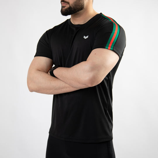 Black Quick Dry T-Shirt with Green & Red Panels on Sleeves