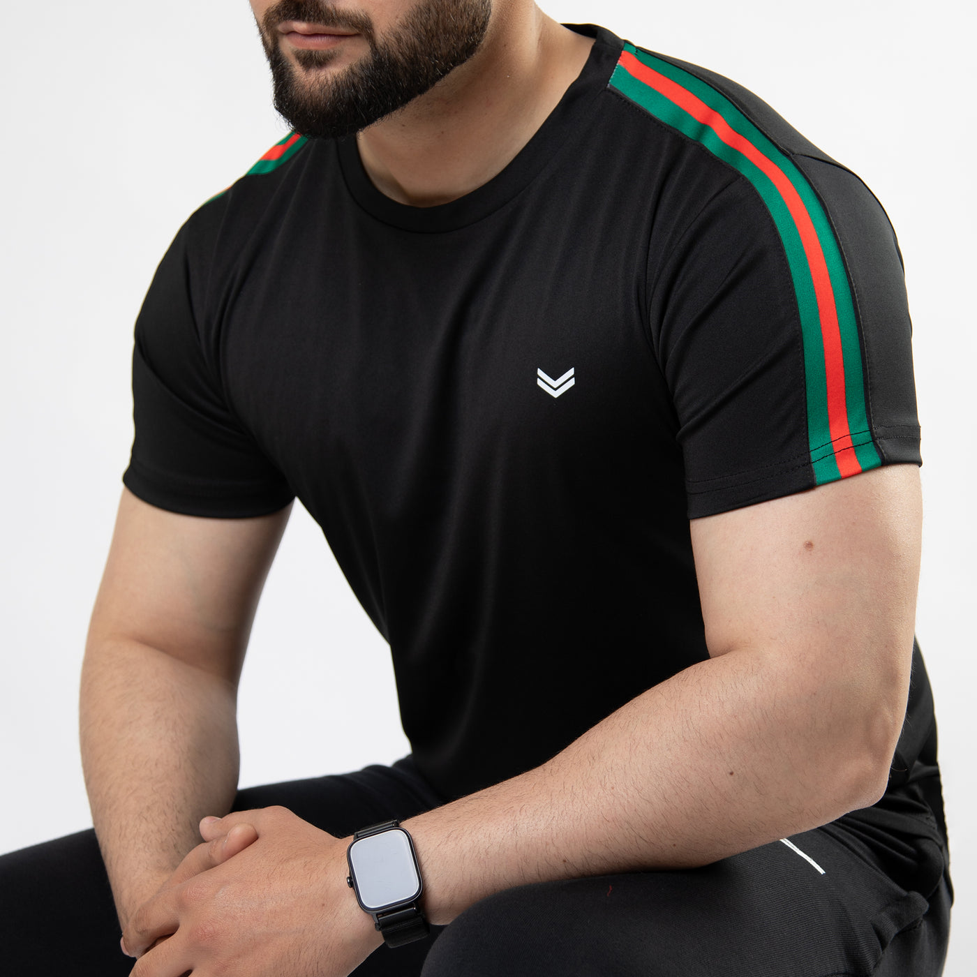 Black Quick Dry T-Shirt with Green & Red Panels on Sleeves