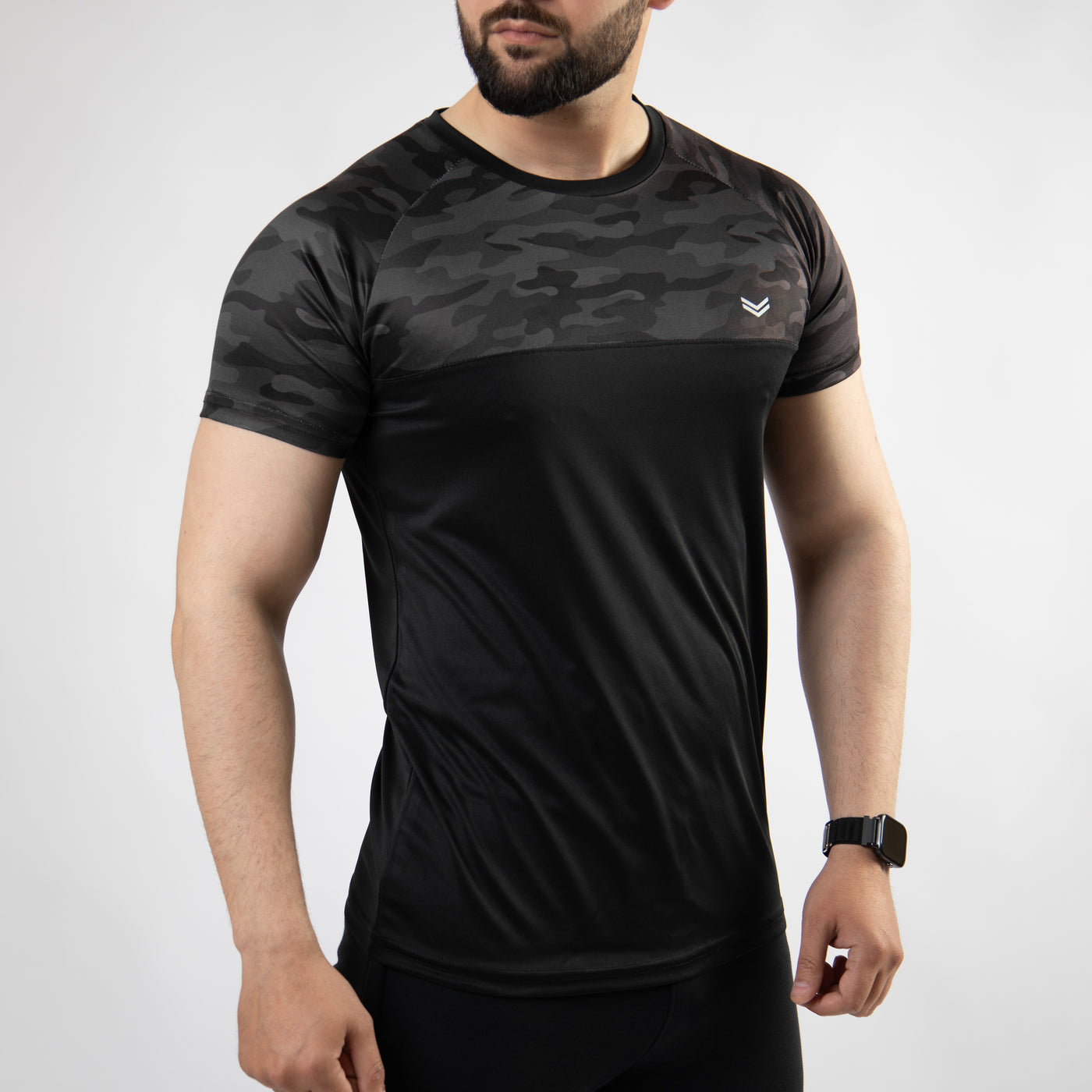 Black Quick Dry T-Shirt with Front Gray Camo Panel