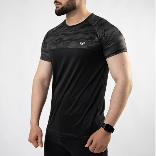 Black Quick Dry T-Shirt with Front Gray Camo Panel