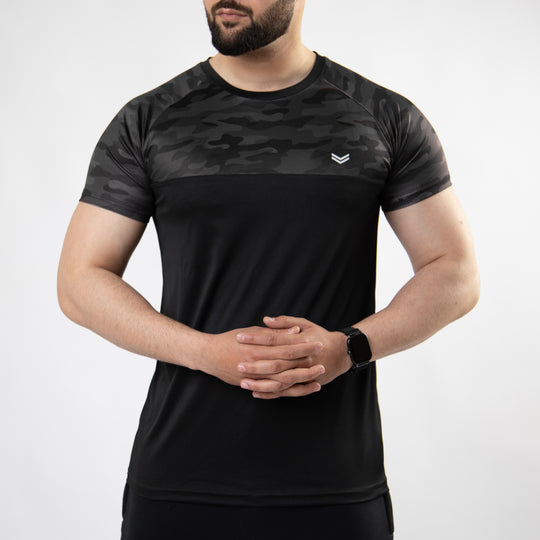 Black Quick Dry T-Shirt with Front Gray Camo Panel