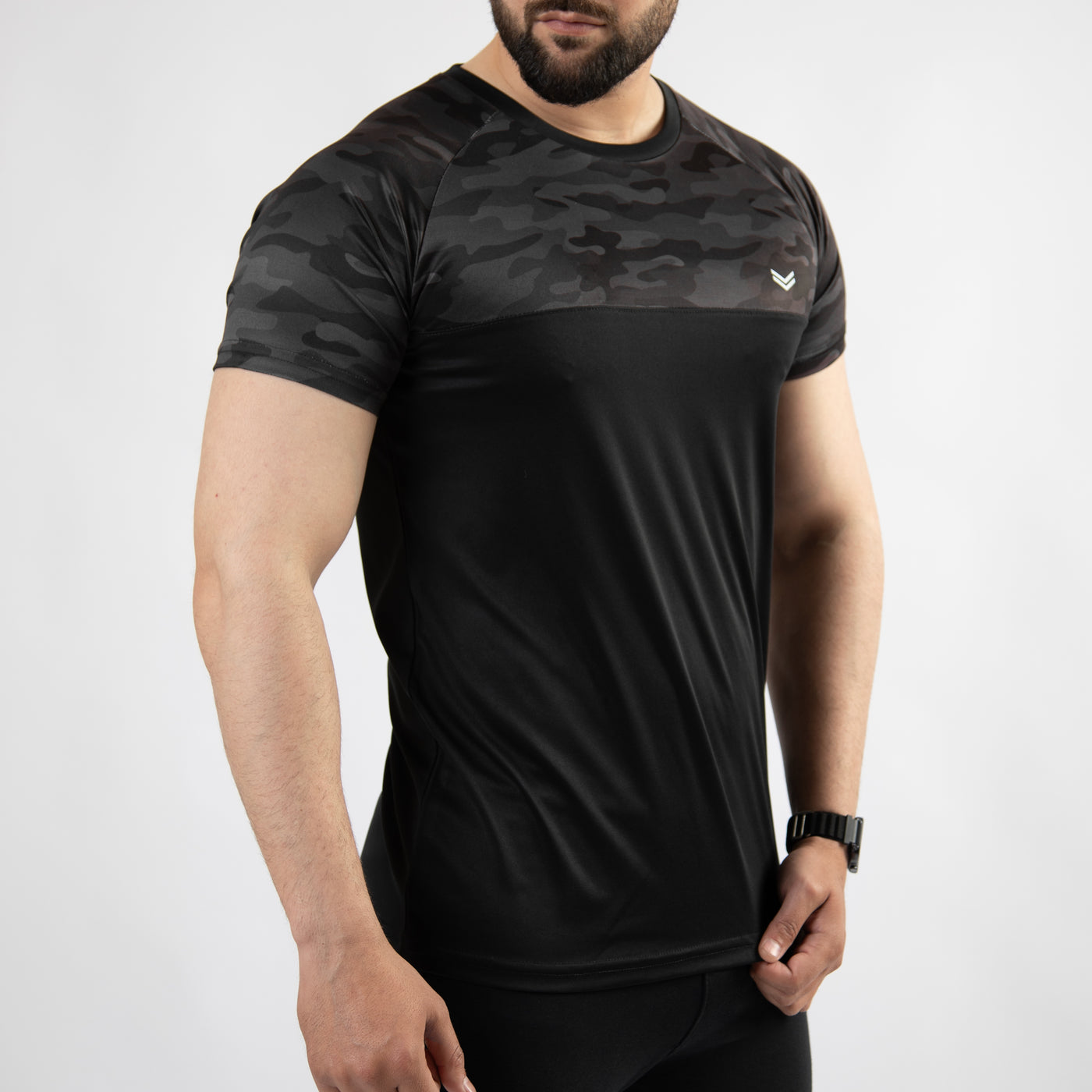 Black Quick Dry T-Shirt with Front Gray Camo Panel