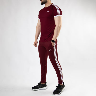 Maroon Ringer Twinset with Three White Stripes