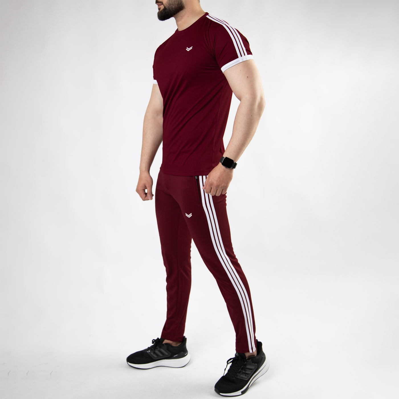 Maroon Ringer Twinset with Three White Stripes