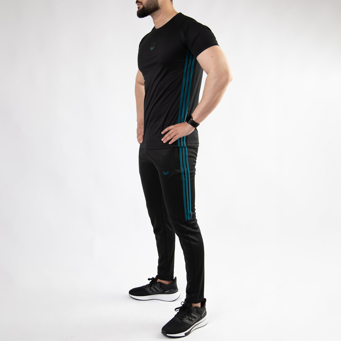 Black Twinset with Short Three Teal Stripes