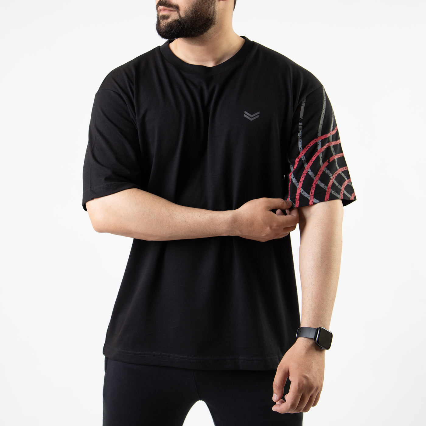 Black Oversize T-Shirt with One Sleeve Print