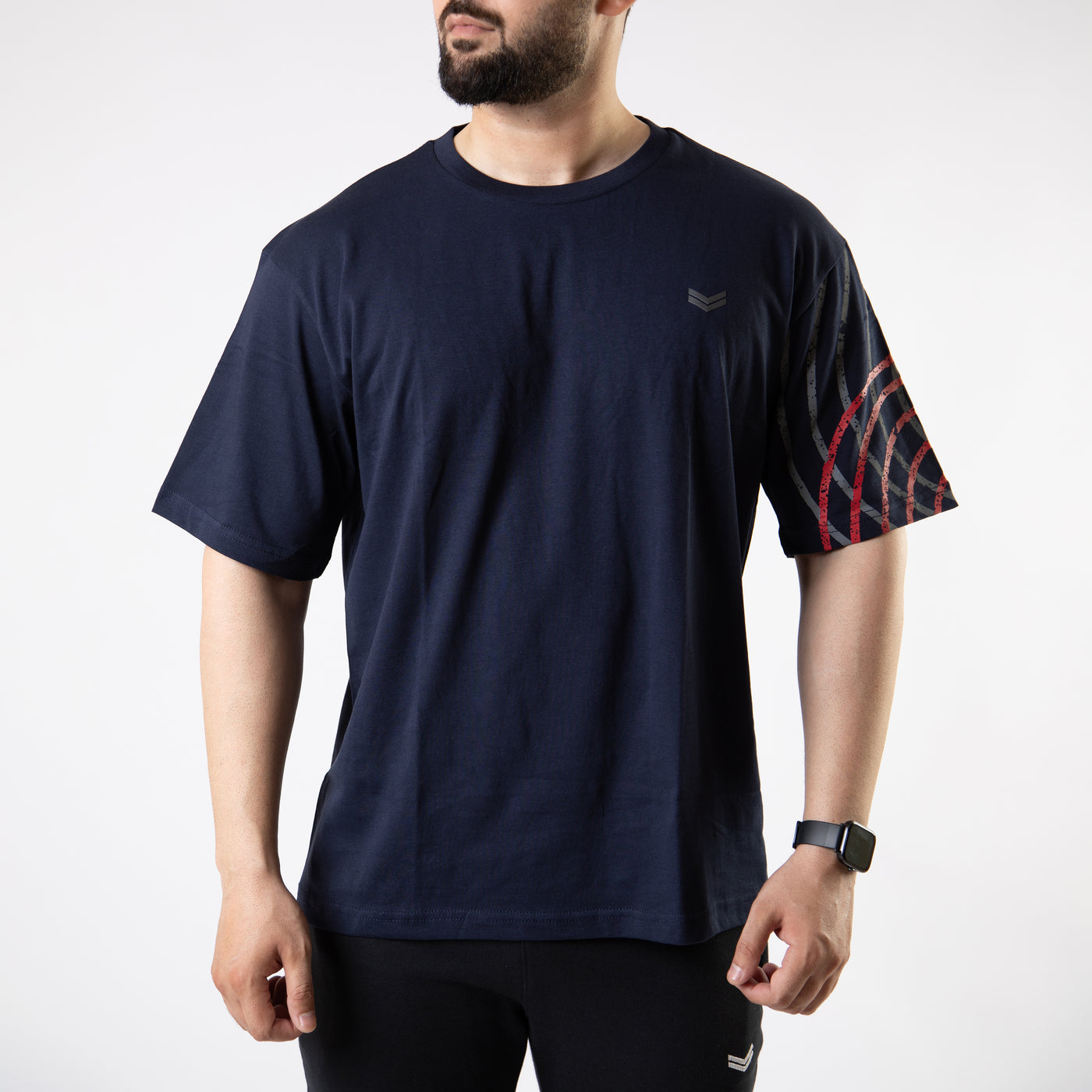 Navy Oversize T-Shirt with One Sleeve Print