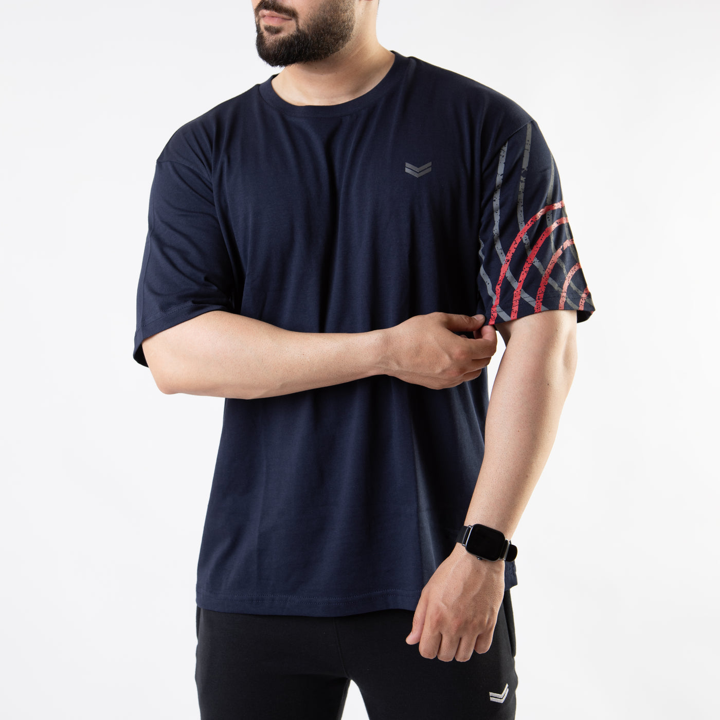 Navy Oversize T-Shirt with One Sleeve Print