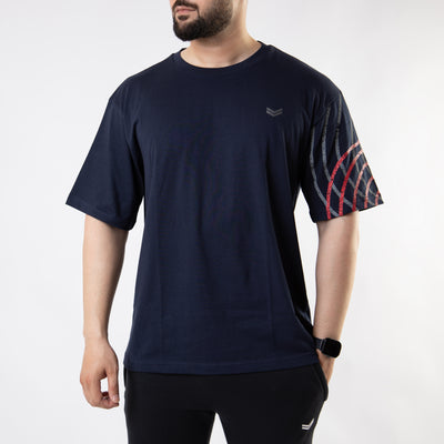 Navy Oversize T-Shirt with One Sleeve Print