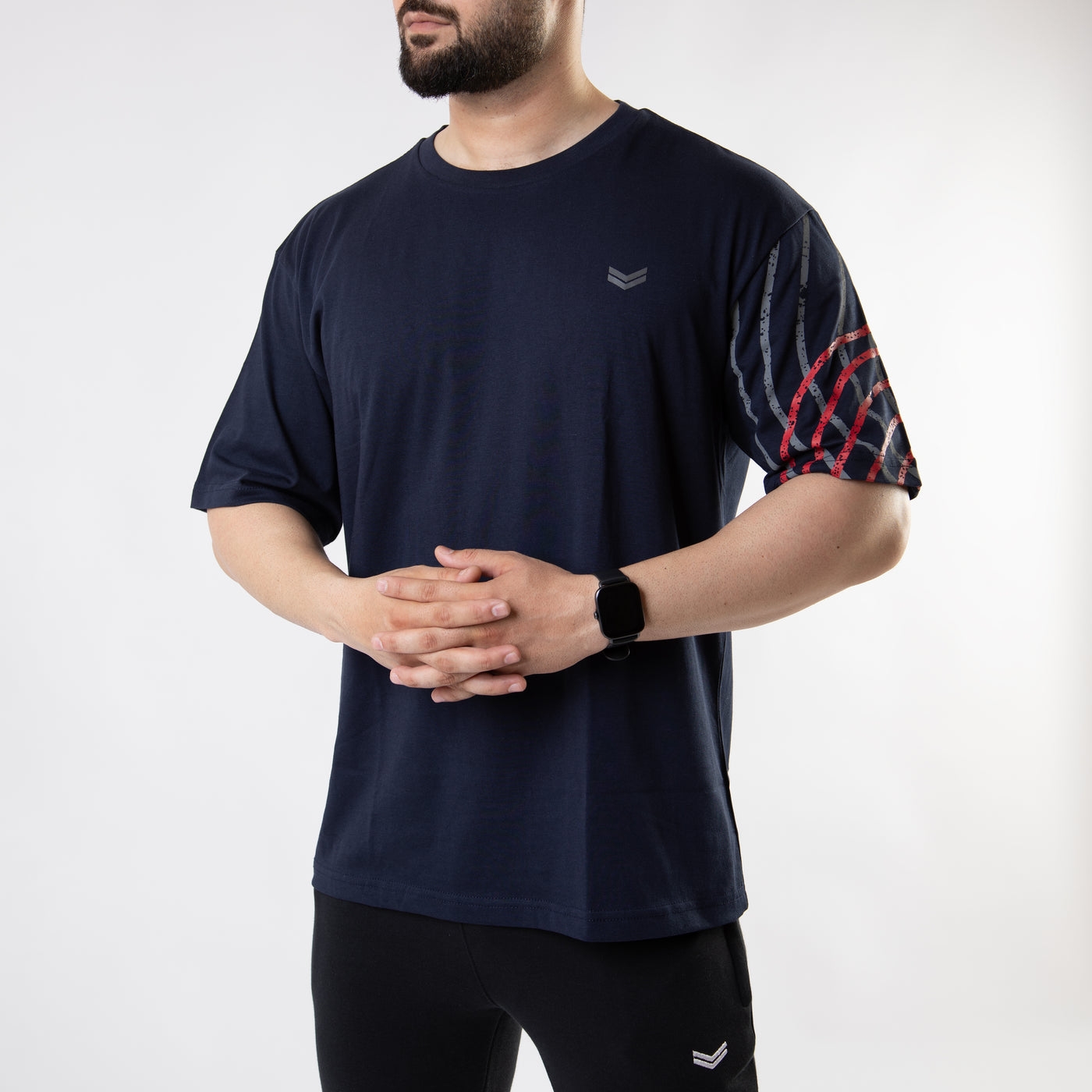 Navy Oversize T-Shirt with One Sleeve Print