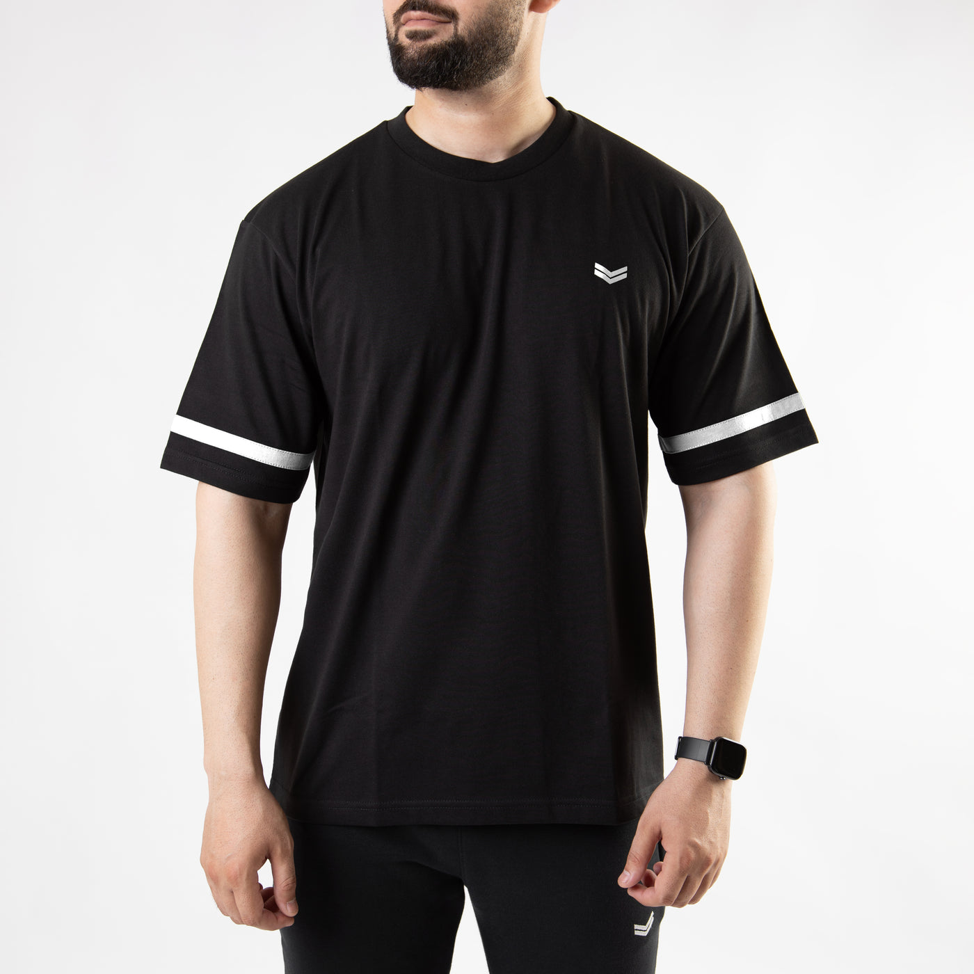 Black Oversize T-Shirt with White Stripe on Sleeves