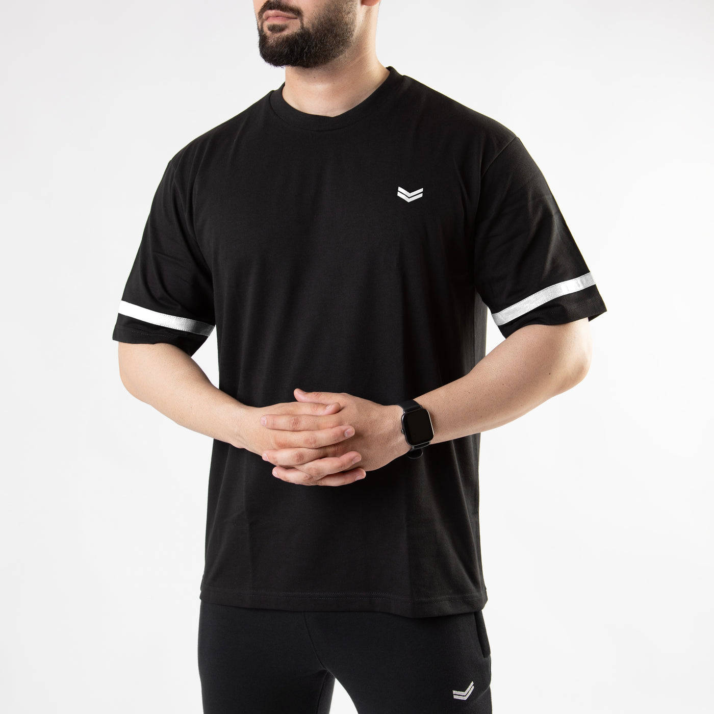 Black Oversize T-Shirt with White Stripe on Sleeves