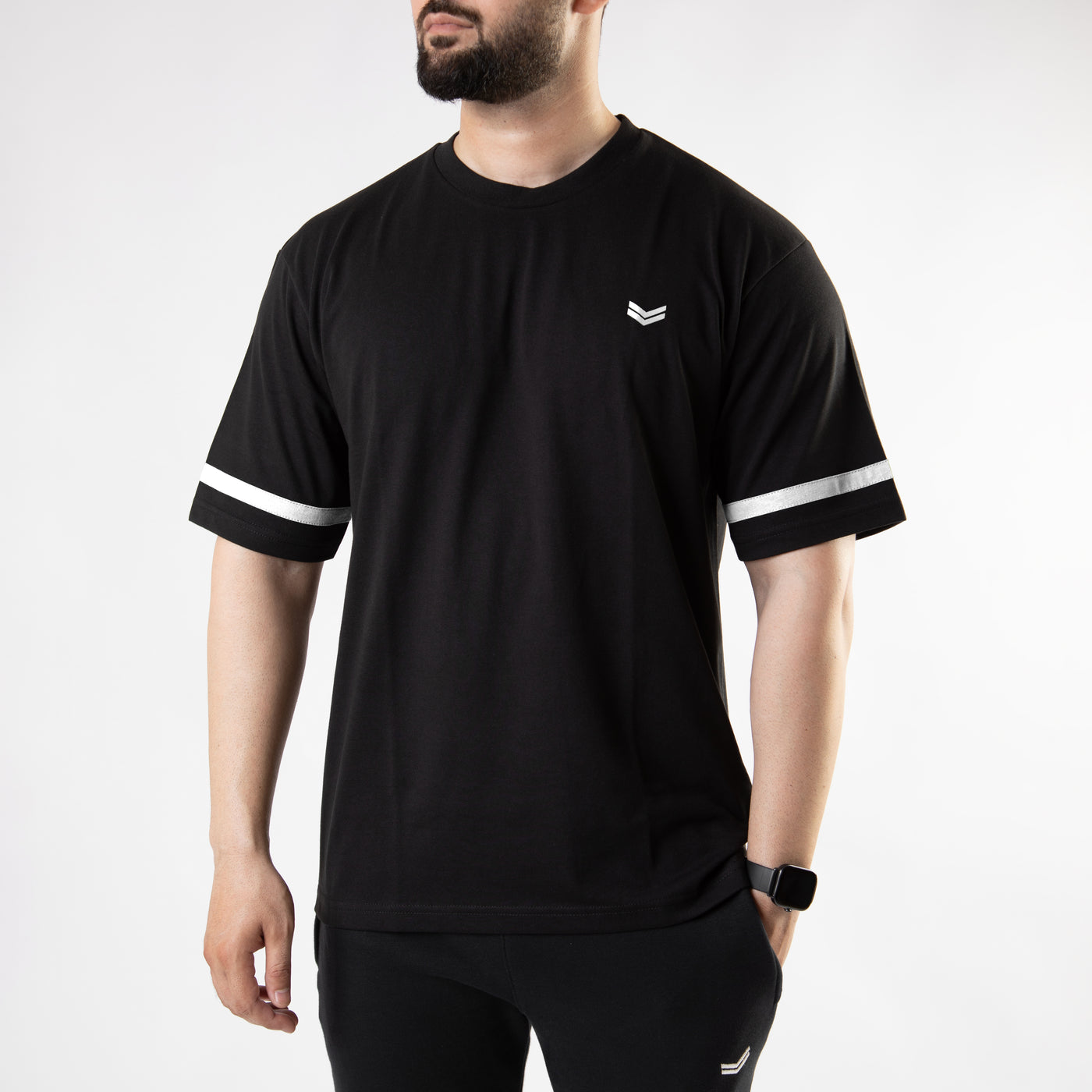 Black Oversize T-Shirt with White Stripe on Sleeves