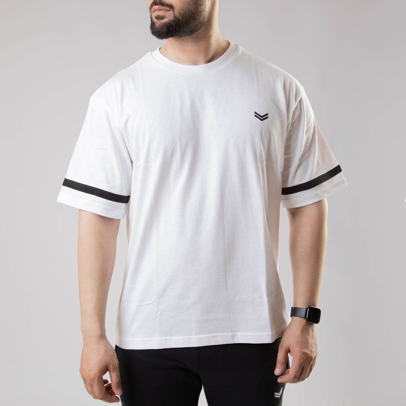 White Oversize T-Shirt with Black Stripe on Sleeves