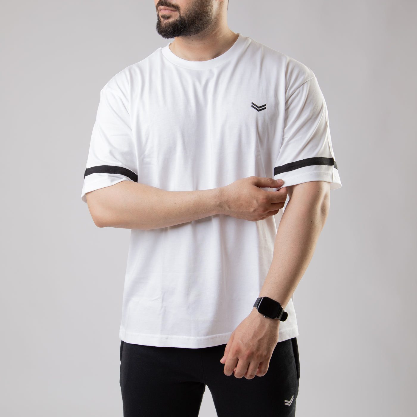 White Oversize T-Shirt with Black Stripe on Sleeves