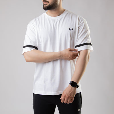 White Oversize T-Shirt with Black Stripe on Sleeves