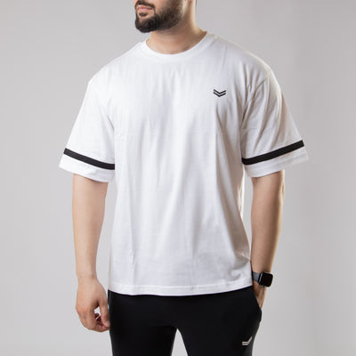 White Oversize T-Shirt with Black Stripe on Sleeves