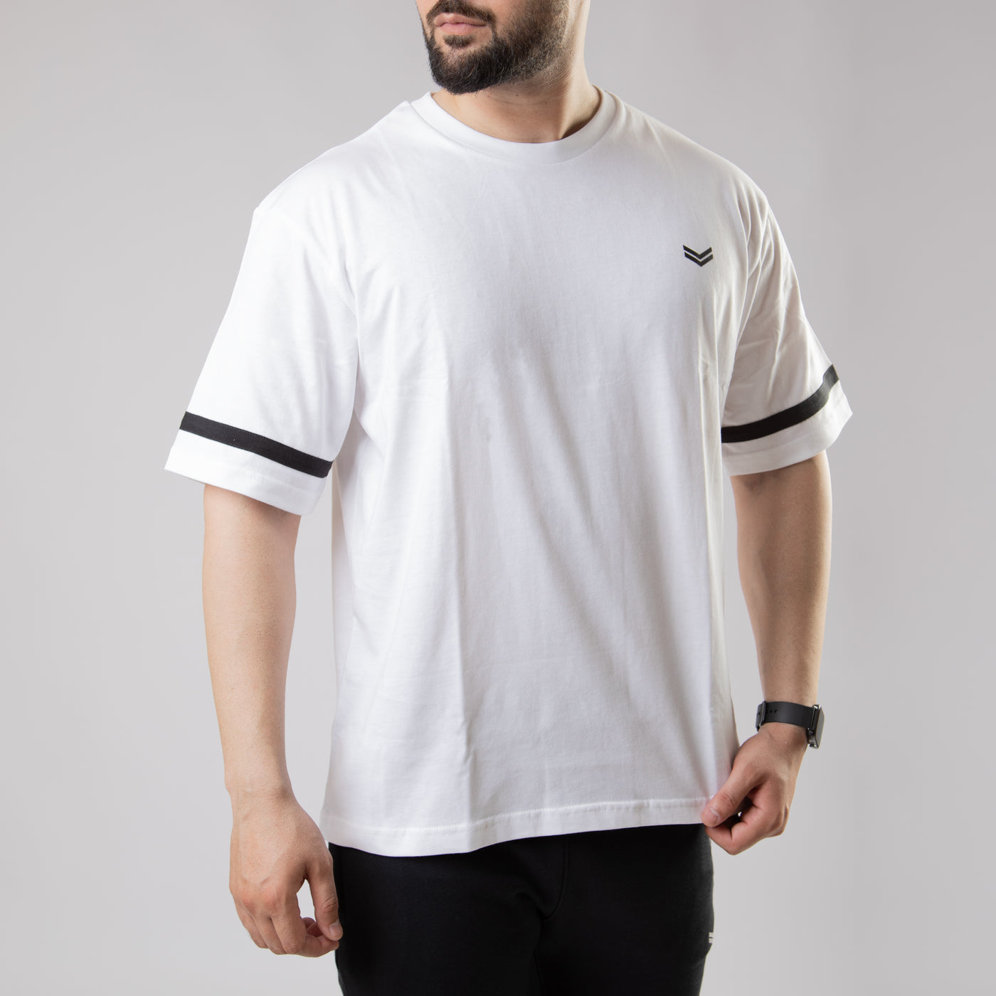 White Oversize T-Shirt with Black Stripe on Sleeves