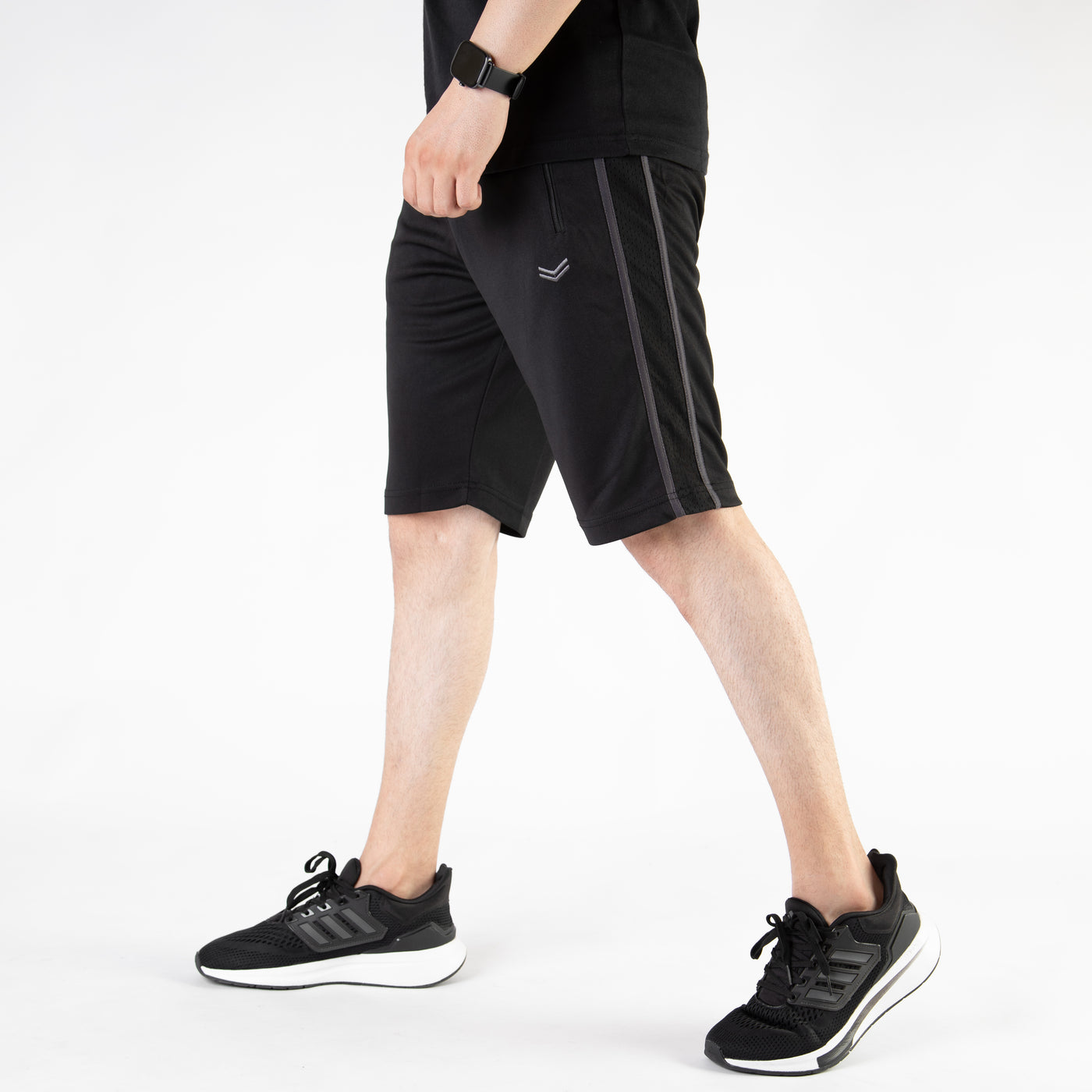 Black Quick Dry Shorts with Gray Stripes & Ventilated Mesh Panel