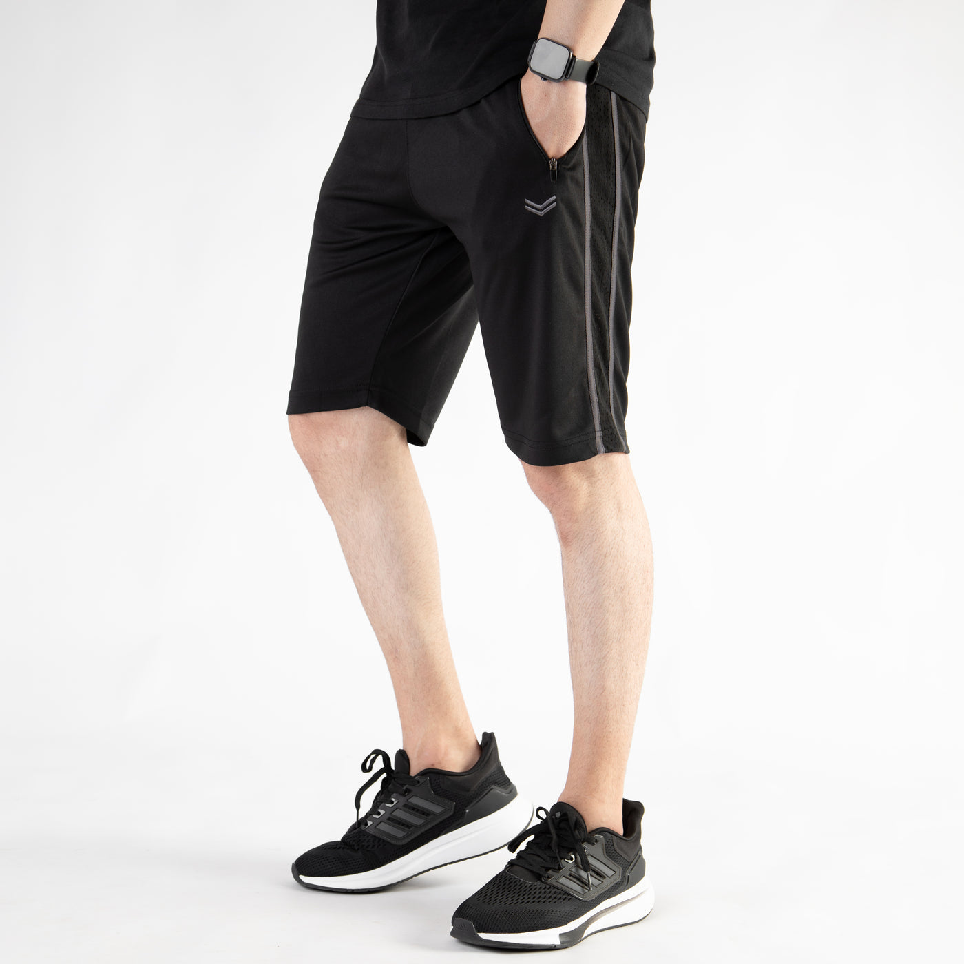 Black Quick Dry Shorts with Gray Stripes & Ventilated Mesh Panel