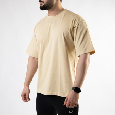 Beige Oversize T-Shirt with V-Notch in Contrast Detailing