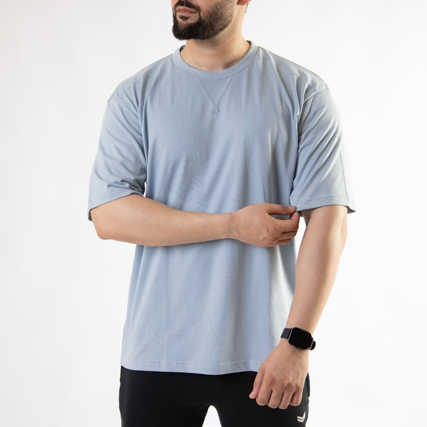 Light Blue Oversize T-Shirt with V-Notch in Contrast Detailing