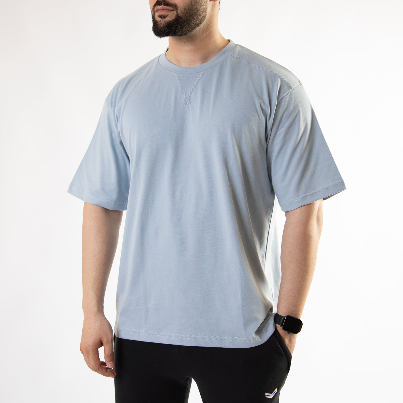 Light Blue Oversize T-Shirt with V-Notch in Contrast Detailing