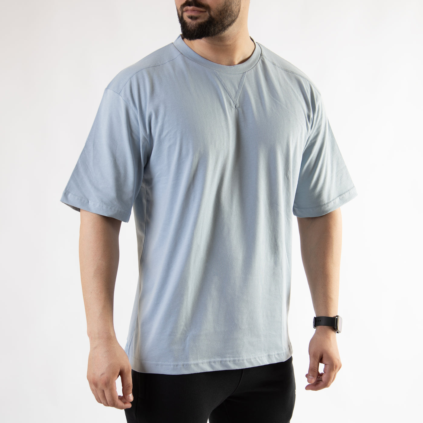 Light Blue Oversize T-Shirt with V-Notch in Contrast Detailing