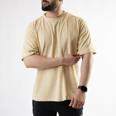 Beige Oversize T-Shirt with V-Notch in Contrast Detailing